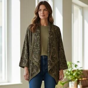 Boho Cardigan Sweater M Green Paisley Waterfall Nina Leonard Medium NWT